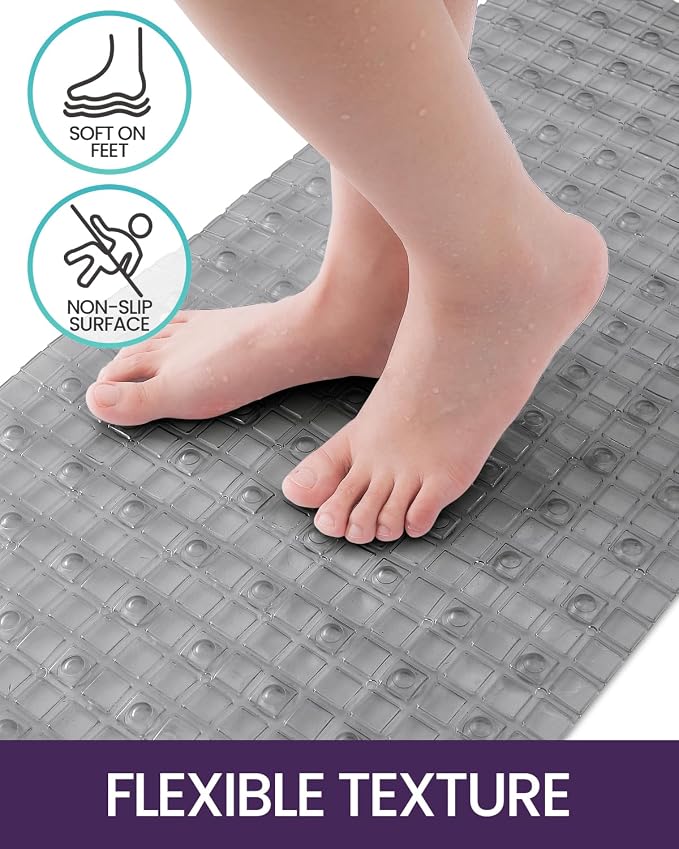 DEXI Bathtub Mat Non Slip, Extra Long 39x16, Suction Cups, Drain Holes, Machine Washable for Tub Shower Floor, Clear Grey