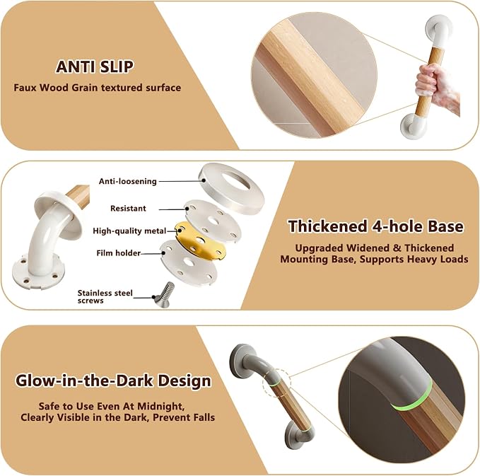 Grab Bars for Shower, 2 Pack 16 Inch Bathtub and Bathroom Safety Handle for Seniors, Anti-Slip Faux Wood Grip, Heavy Duty Shower Handles, Supports up to 500 lbs for Elderly, (Wide Bold Strip)