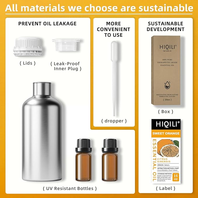 HIQILI 16 Fl Oz Orange Essential Oil, Large Capacity, 100% Pure - 500ml | Air Freshening & Space Cleaning, DIY Raw Material, Skin Care, for Public Toilet, Mall, Hotel, DIY Studio, Beauty Salon