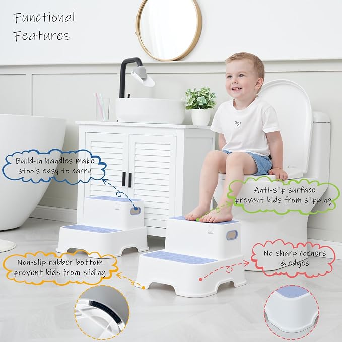 Harwaya Blue Toddler Step Stool for Bathroom Sink 2 Pack, Kids Step Stools for Boys Toilet Potty Training, Plastic Stepping Stool for Toddlers Child Kid Kitchen Bedroom (Included Two Faucet Extender)
