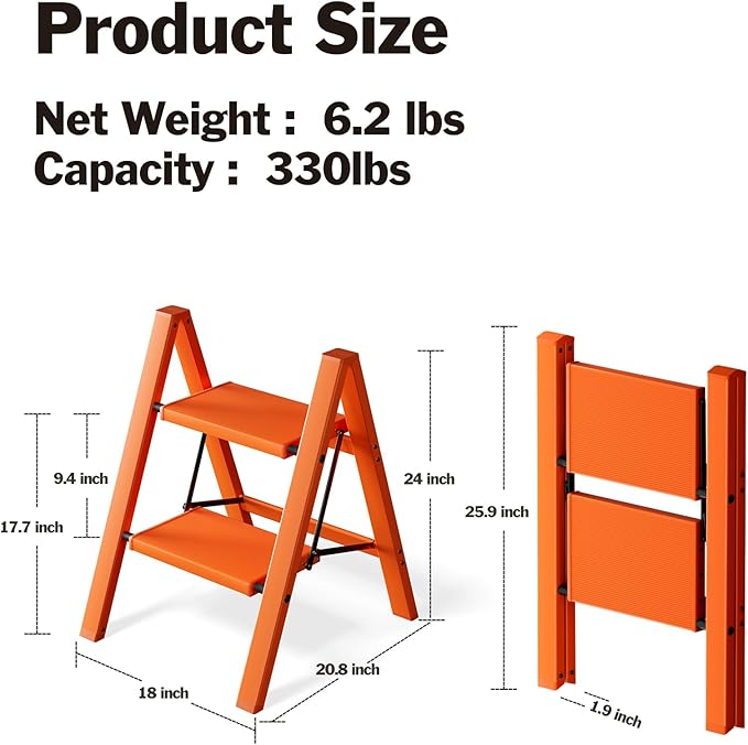 2 Step Ladder, Aluminum Lightweight Folding 2 Step Stool with Anti-Slip Wide Pedal,330lbs Capacity Steel Ladder for Household and Office(Hermes Orange)