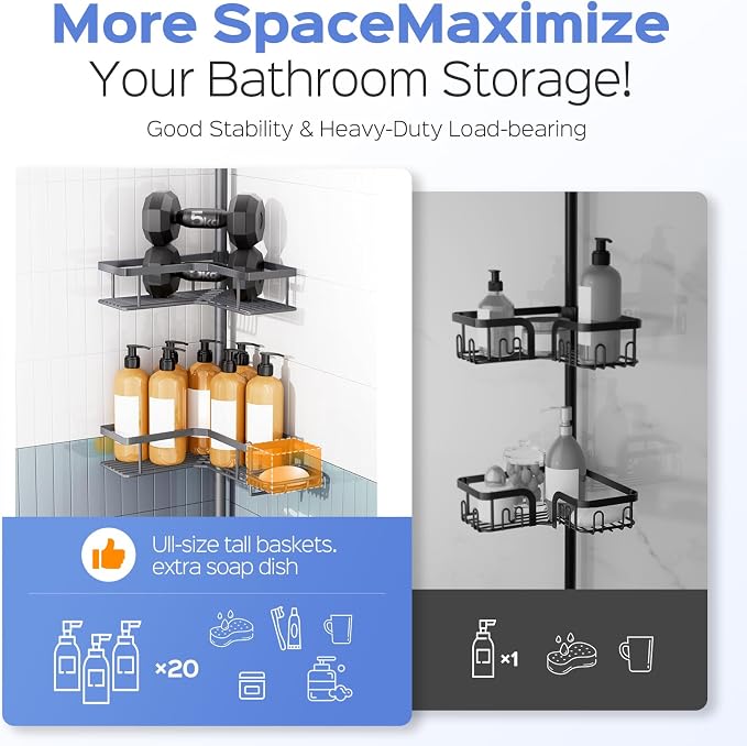 HAMITOR Shower Caddy Tension Pole: 4-Tier Corner Bathroom Organizer Shelf with Soap Holder & Hooks - No-Drill Adjustable Standing Storage Rack for Apartment Renters - 47-123 Inch Black