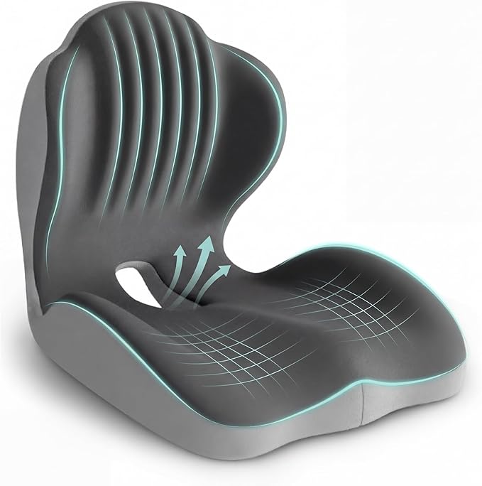Ergonomic Seat Cushion, Office Chair Seat Cushions with L-Shaped Integrated Design, Memory Foam Orthopedic Cushion with Coccyx Hollow, Lumbar Support & Tailbone Pain Relief for Long Sitting (Grey)