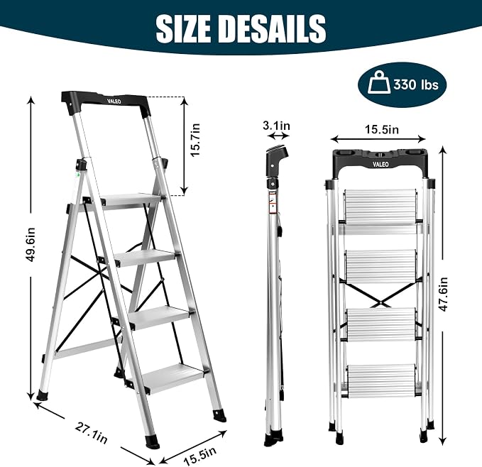 Valeo Aluminium 4 Step Ladder with Retractable Handgrip,Anti-Slip Pedal,330 lbs Capacity,Folding Step Stool for Kitchen, Garage, Home, Space Saving, Sturdy and Portable, Silver