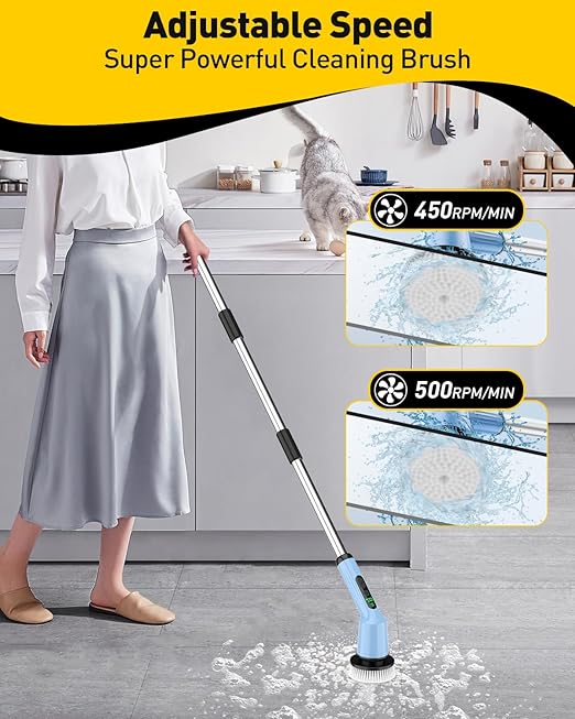 Electric Spin Scrubber for Cleaning Bathroom, Shower Scrubber Cordless Cleaning Brush with IPX7 Waterproof & 2 Speed, 3 Brush Heads, Bathroom Cleaning Supplies for Shower Tub Kitchen Tile Toilet Sky