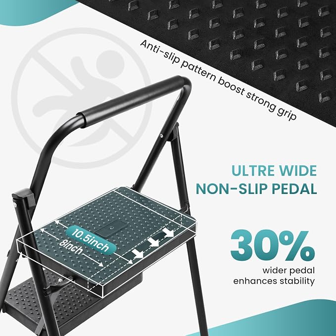 Smug Step Ladder, 2 Step Stool Foldable with Anti-Slip Pedal & Comfortable Handrail, 800lbs Capacity Sturdy Steel Ladder, Protable Heavy Duty Step Stool for Kitchen, Garage & Outdoor Use, Black