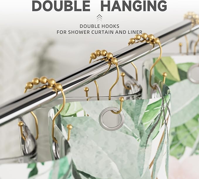 Bathway Shower Curtain Hooks, Shower Curtain Rings Rust Proof Double Hook Shower Curtain Hooks, 12 Pcs Dark Gold Shower Hooks for Shower Curtain, Shower Rings for Curtain, Metal Shower Rod Hooks