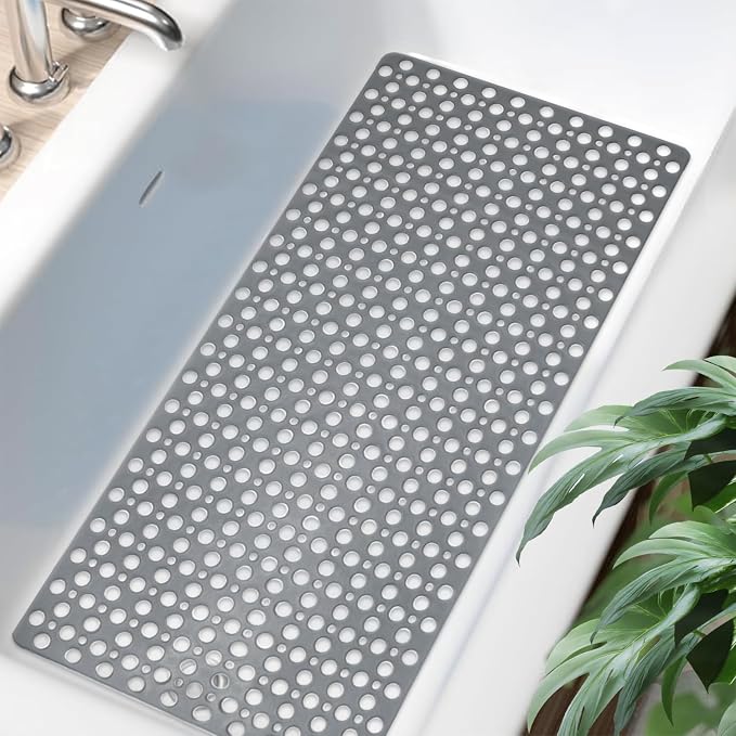 Tiamo TPE Bathtub Mat Non Slip Quick Dry Suction Cups Shower Mat | 35x16 inch long size, machine washable, gray, ideal for elderly, pregnant women, and kids, smooth surfaces only