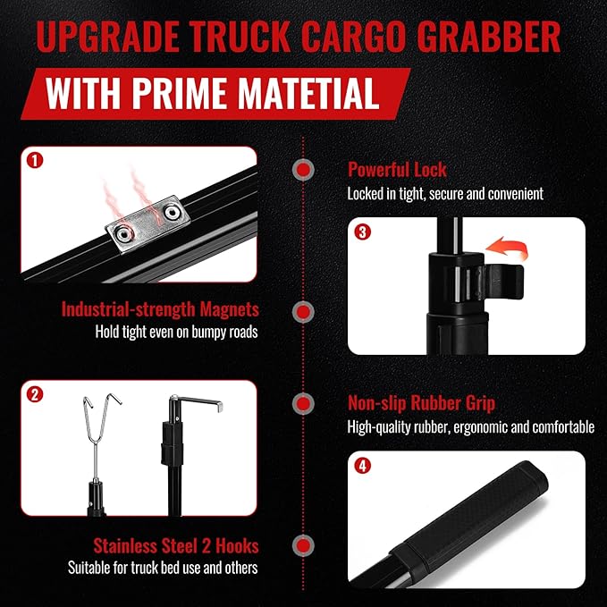 6.9 Ft Magnetically Mounted Truck Cargo Grabber Reach Tool, Lastest Telescoping Truck Bed Retriever Tool Magnetic, Multi-Use Pickup Truck Bed Accessories Truck Bed Reach Pole(2 Hooks 1 Mounted Plate)