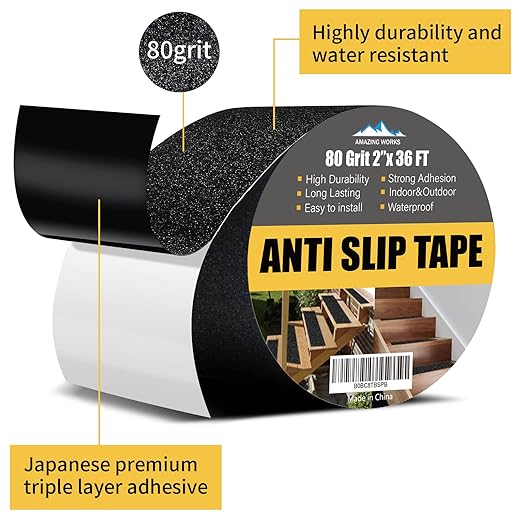 Grip Tape - Heavy Duty Anti Slip Tape, Grip Tape Grit Non Slip for Stairs Outdoor/Indoor, Waterproof High Traction Stairs Non Skid Treads, Durable Triple Layer Adhesive - Black (2 Inch x 36 Feet)