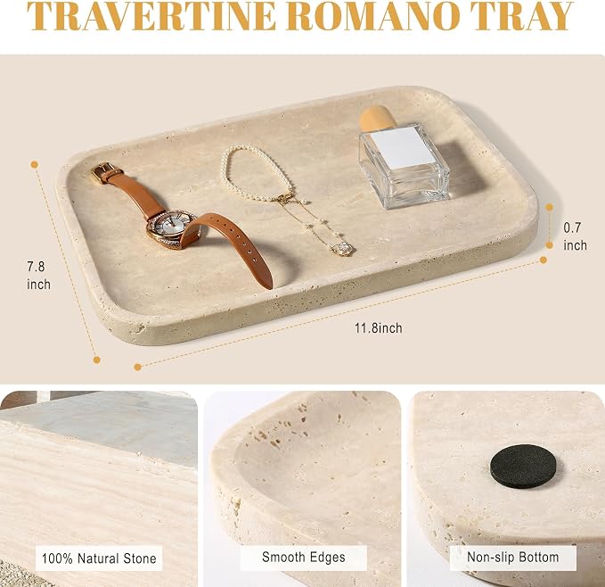 Koville Romano Travertine Tray, 12"x8" Natural Stone Vanity Tray for Countertop Bathroom Kitchen Dresser, Decorative Marble Catchall Trays for Perfume Jewelry, Rectangular Serving Tray(Beige)
