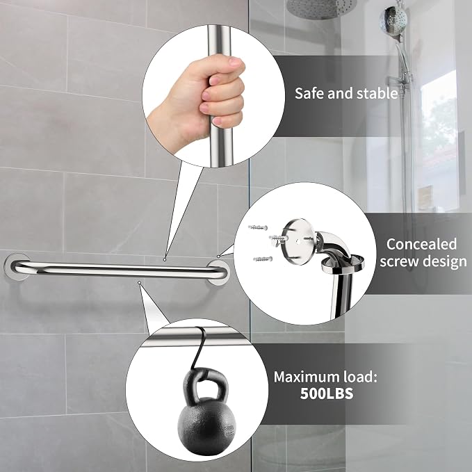 2 Pack 24 Inch Chrome Shower Grab Bar - 1.5" Diameter, ZUEXT Stainless Steel Bathroom Grab Bar Handle, Bathroom Balance Bar, Safety Hand Rail Support, Handicap Injury Elderly Senior Assist Bath Handle