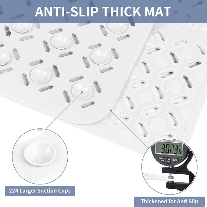 OTHWAY Square Shower Mat, 27"x 27" Extra Large for Inside Shower, TPE Non-Slip Mat With Suction Cups, Drain Holes, Machine Washable Floor Mat (White)