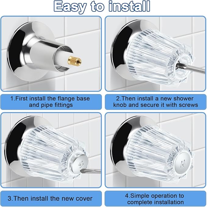 Shower Knobs 3 Piece Replacement and Flange Base, Clear Acrylic Plastic Hot/Cold/Diverter Shower Knob Compatible with Price Pfister Contessa and Windsor Bathtub Shower Faucet Handle