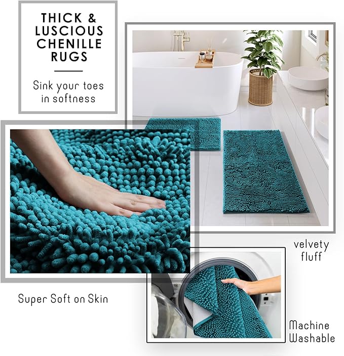 Clara Clark Bathroom Set - Teal Bathroom Accessories Set, 6PC Bathroom Accessory Set, Bathroom Sets with Bathroom Rugs, Adhesive Corner Shower Caddy Hanging, Toilet Brush, Trash Can & Soap Dispenser