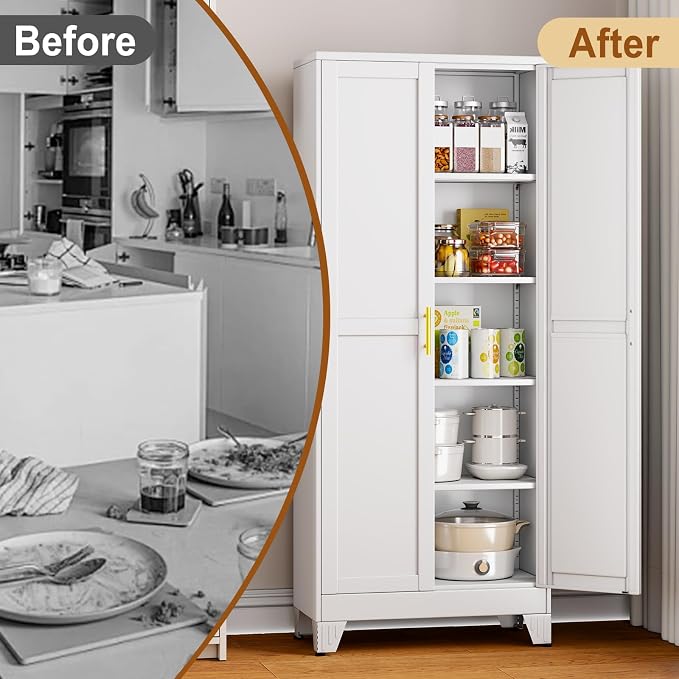 71" White Metal Garage Storage Cabinet with 2 Doors and 4 Adjustable Shelves,Kitchen Pantry Cabinet,File Cabinet,Steel Tool Cabinet for Home,Office,Garage,School,Warehouse