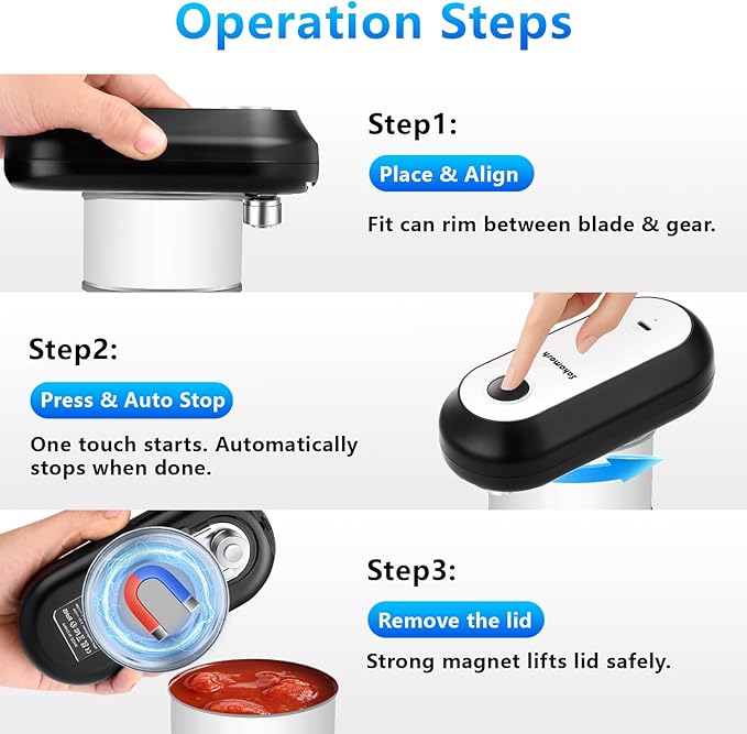 SAKAMOSH Electric Can Opener for Seniors Auto Stop, Hands Free Rechargeable Can Openers with Smooth Edge, One Touch Operation, Automatic Opener for Kitchen, Ideal Choice for Mom, Elderly