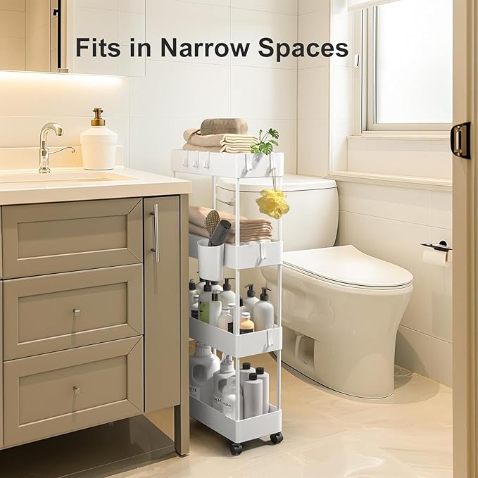 Pipishell Slim Storage Cart with Wheels, 4 Tier Bathroom Storage Organizer Rolling Utility Cart for Bathroom Kitchen Laundry Room Office Narrow Place (White)