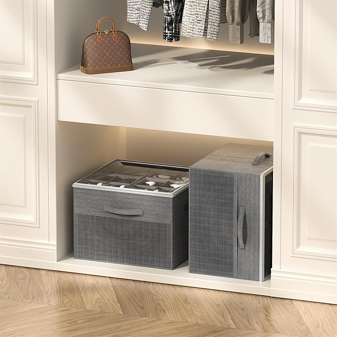 Aokeyee Shoe Organizer for Closet,2 Pack Foldable Shoe Storage Organizer Box Bin with Adjustable Dividers and Clear Cover, Fits up to 16-32 Pairs