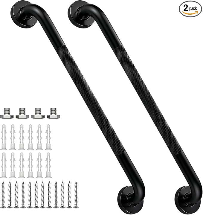 24 Inch Shower Grab Bar 1.25" Dia, 2 Pack Black Anti Slip Bathroom Grab Bar, 304 Stainless Steel Knurled Handicap Grab Bars, Safety Support Handrail,Bath Shower Handle for Elderly Injury Senior