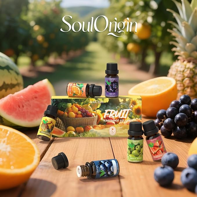 Soulorigin Fruit Essential Oils Set, Fragrance Oil Set for Diffuser, Scent Diffuser Oil for Candle Making- Pineapple, Sweet Orange, Grape, Green Apple, Blueberry, Watermelon