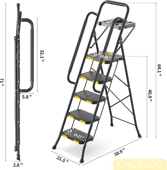 KINGRACK 5 Step Ladder, Sturdy Steel Step Stool with Anti-Slip Wide Pedals, Handrail, Safe-Lock Design, 800lbs Folding Portable Ladder for Multi-Purpose, Home, Kitchen
