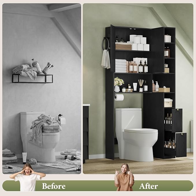 7-Tier L-Shaped Over the Toilet Storage Cabinet with Doors, 2 Large Drawers, Tissue Holder & Towel Holder, Bathroom Over Toilet Storage Cabinet with Adjustable Shelf for Bathroom, Black