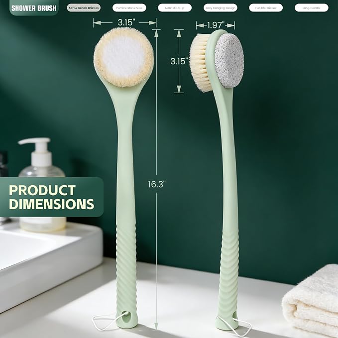Back Scrubber for Shower, Long Handle Exfoliating Brush, Dual-Sided Bath Brush with Soft Bristles & Volcanic Pumice Stone, Anti-Slip Grip for Men & Women (Green)
