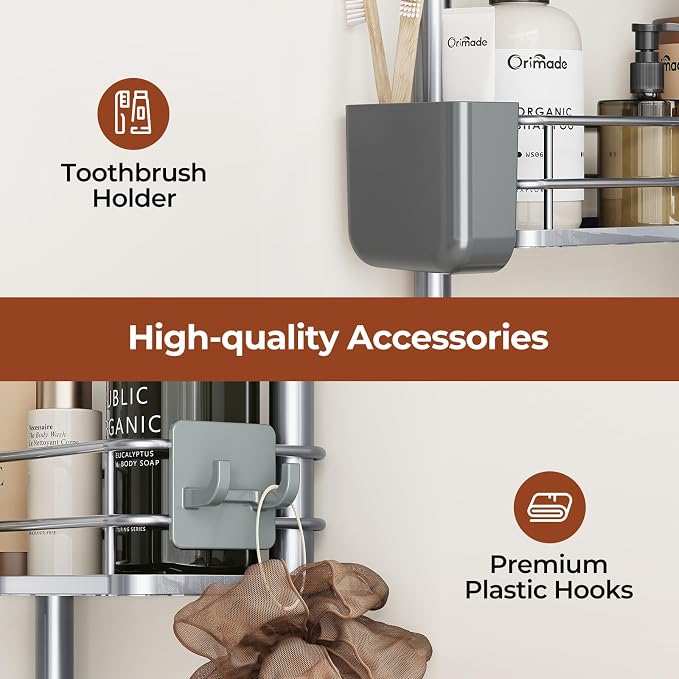 Orimade Rustproof 4 Tier Floor Standing Corner Shower Caddy Organizer with Toothbrush Holder, Large Spacing Floor Shower Shelf Rack Storage Stands with Hooks for Bathroom Kitchen, Silver