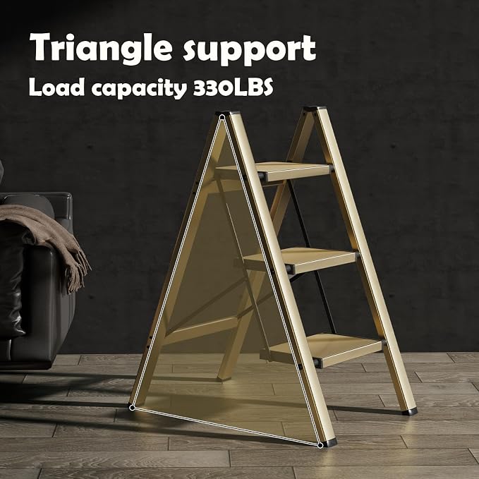 HillhutApex 3 Step Stool, Aluminum Foldable Step Ladder, Lightweight Stable Stool with Wide Non-Slip Pedals, 330lbs Bearing Capacity Ladder for Office,Home,Kitchen - Gold
