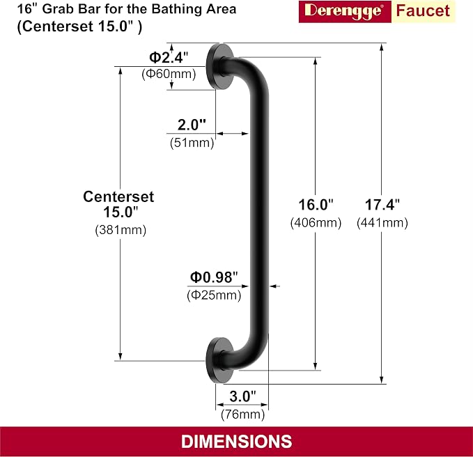 16 Inch Grab Bar 304 Stainless Steel Anti-Slip Bathroom Safety Handrail Wall Mount Assist Grip for Elderly Handicap Bathtub Shower Toilet,GB-4023-MT, Matte Black