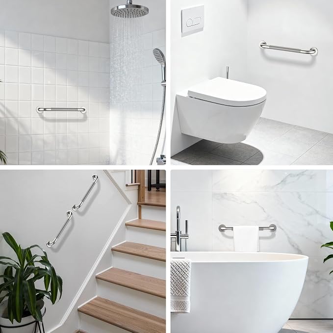 Shower Grab Bar 24 Inch, iHansee Brushed Nickel Bathroom Grab Bar w/Anti-Slip Knurled Grip, Stainless Steel Safety Handicap Bars, Wall Mounted Balance Support Handrail Bath Handle for Senior Elderly
