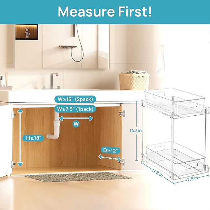 Vtopmart 4 Pack Higher Bathroom Organizer, 2 Tier White Under Sink Organizers Vanity Countertop Storage Container,Cabinet Drawers Bins, Pull-Out Organization with Track for Pantry, Kitchen