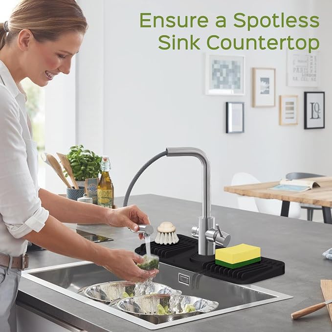 15 Inch Silicone Faucet Mat for Kitchen Sink Splash Guard – 2025 Upgraded Draining Mat with Water Tray Behind Faucet – Countertop Protectors to Catch Spills (Black, 14.6" x 5.5")