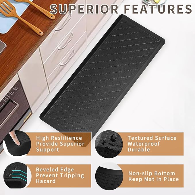 24 x 60 Inch Extra Support Anti Fatigue Comfort Kitchen Mat, Waterproof Long Kitchen Runner, Non-Slip Standing Desk Mat, Commercial Pads for Offices, Home, Garages (Barcelona Black, 24'' x 60'')