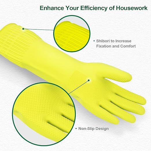 DABOGOSA Mamison 2 Pairs Reusable Waterproof Household Dishwashing Cleaning Rubber Gloves, Non-Slip Kitchen Glove (Green, Medium (Pack of 2))