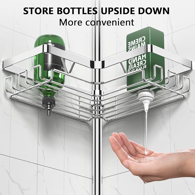 DAOYA Corner Shower Caddy Tension Pole - Chrome Tension Rod Shower Caddy Adjustable Shampoo Holder for Bathroom/Bathtub/RV, Stainless Steel, Floor to Ceiling 25-114.2 inch