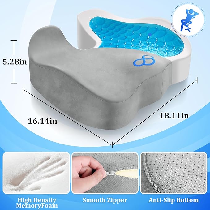 CushyOasis Seat Cushion, Chair Cushions, Office Chair Cushions, Anti-Slip Bottom & Removable Cover Tailbone Pain Relief Cushion, Memory Foam Seat Cushion, 5.28 in Thick (Light Grey)