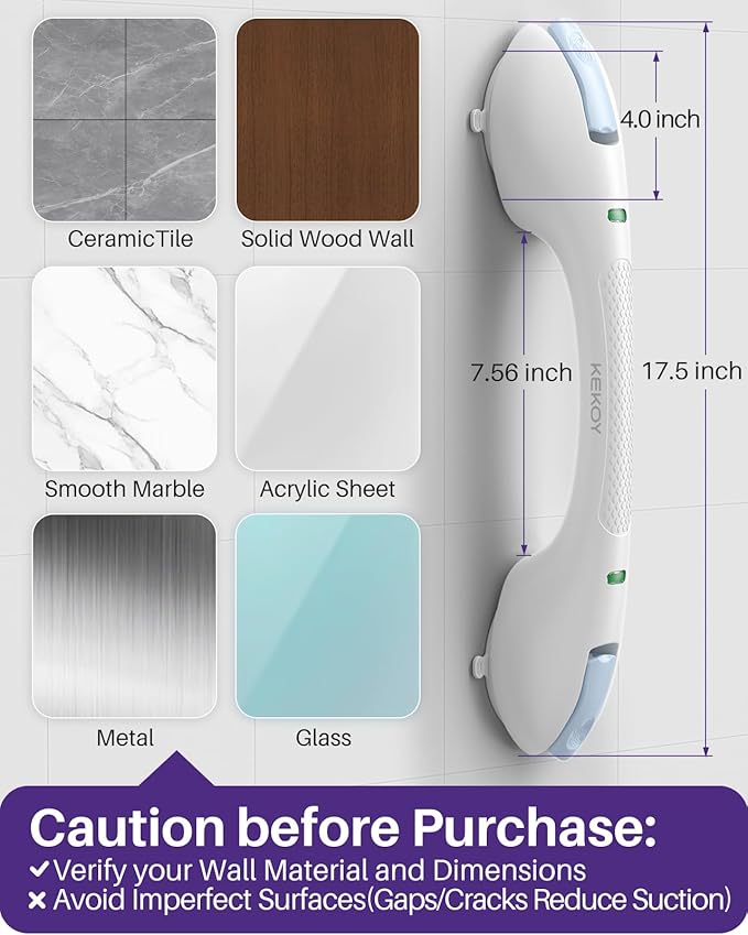KEKOY 17.5 Inch Suction Grab Bars for Bathtubs and Showers with Indicator - Heavy Duty Safety Shower Handle for Seniors and Elderly, Handicap Bars for Bathroom, No Drilling and Removable, Blue
