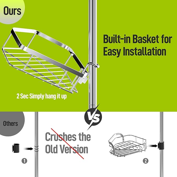 LAMU Shower Caddy Corner Tension Pole, Stainless Steel Shower Organizer, Strong Spring, 5 Adhesive Pads, 2.4 in Non-Slip Grid Base, Adjustable 4-Tier Basket, 4 Hooks, Fits Heights 37.8-124 in, Silver