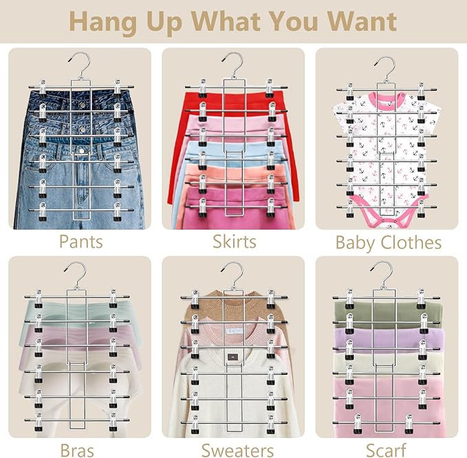 Pants Hangers with Clips,Space Saving Hanging Closet Organizer-6 Tiers Skirt Hangers with 360° Swivel Hook,Closet Organizer-Clothes Hangers- College Dorm Essentials Apartment Essentials- 6 Pack