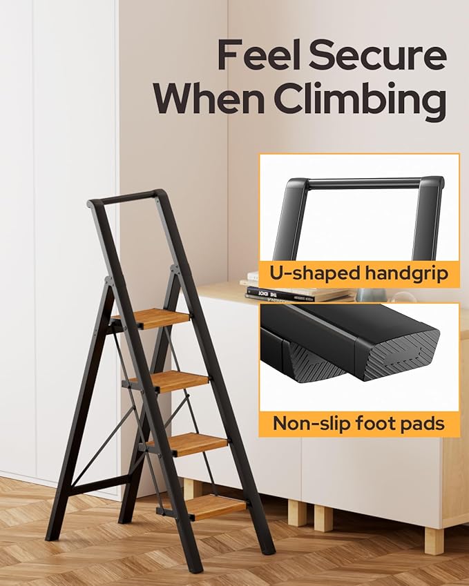 4 Step Ladder, Lightweight Aluminum Folding Step Stool with Convenient Handgrip, Stepladders with Anti-Slip and Wide Pedal for Home Use Space Saving - Black+Woodgrain
