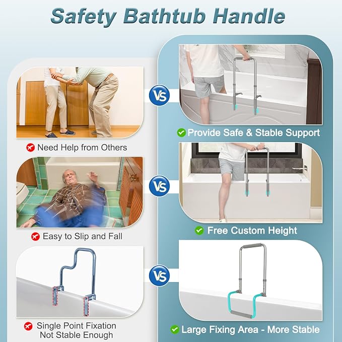 Bathtub Rails for Seniors Shower Grab Bars Clamp on Tub Rail Bath Tub Handles Heavy Duty Safety Support Bar Handicap Tub Bar for Elderly Help Getting Out of Bathtub No Drill Bathroom Grip Bars Devices