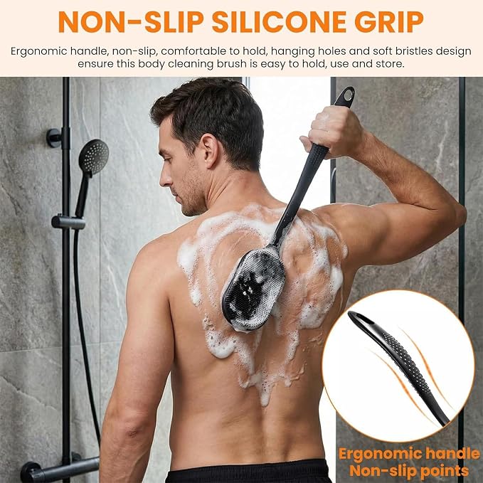 Silicone Back Scrubber 16.5" & Silicone Body Scrubber(Dual-Side) & Hair Scalp Massager & Face Brush Set (4PCS), Deep Cleaning & Shampoo at Home with 2 Free Hooks (Long Handle Back Brush Set)