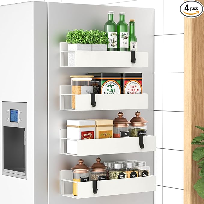 HuggieGems 4 Pack Magnetic Spice Storage Rack Organizer for Refrigerator and Oven, Cream White Fridge Organizers and Storage