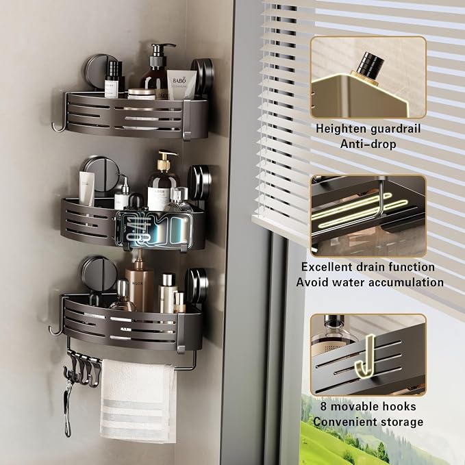 VOLPONE Shower Caddy Suction Shower Shelf No Drilling Shower Organizer Suction Cup Shower Storage Rack Aluminum Wall Mounted Shampoo Holder with Towel Bar Hooks (2-Pack, Matte Gray)