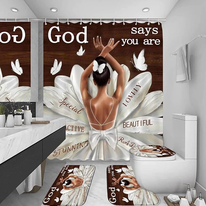 LQCOOL 4Pcs Black Girl Shower Curtain Set, Ballet Girl Bathroom Sets, Waterproof Bathroom Sets with Shower Curtain and Rugs, Shower Curtain with 12 Hooks