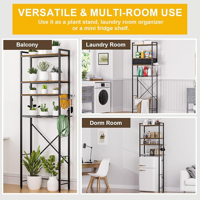Over The Toilet Storage with Adjustable Wooden Shelves and 2 Fabric Drawers, 4-Tier Over Toilet Bathroom Organizer, Small Freestanding Storage Shelf for Toilet Paper, Towels, Toiletries