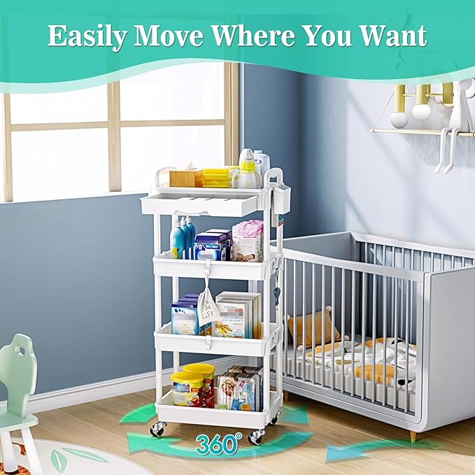 SUNALLY 4 Tier Rolling Utility Cart with Drawer, Storage Organizer Cart with 2 Lockable Wheels, Multifunctional Rolling Storage Cart for Bathroom, Kitchen, Craft, Makeup, Baby Essentials, White