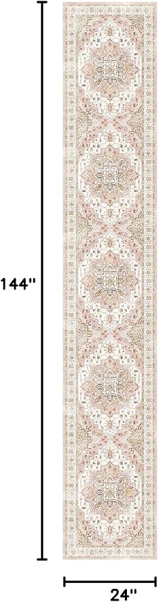 Madane Hallway Runner Rug 2x12, Extra Long Washable Runner Rugs with Rubber Backing, Non Slip Carpet Runner, Vintage Medallion Rug Runners for Kitchen Laundry Room Entryway (Pink, 2'x12')